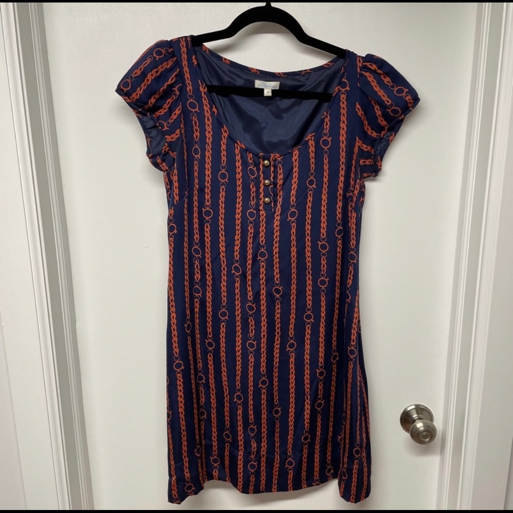 Shoshanna Silk Chain Print Shift Dress Navy Sz 8